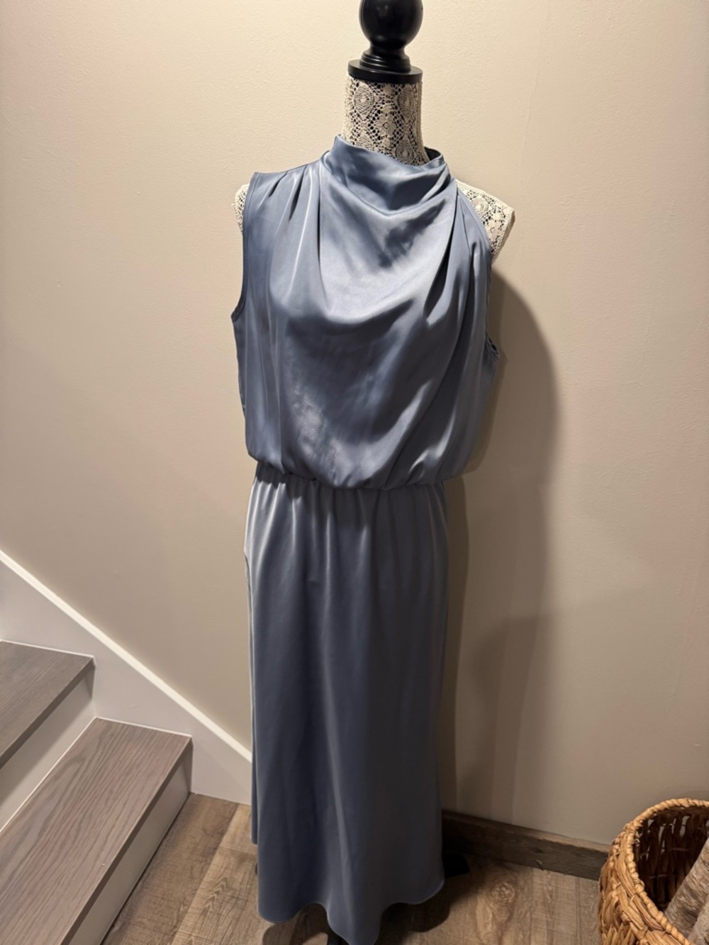 Satin Sleeveless Asymmetrical Maxi Dress in Slate Blue